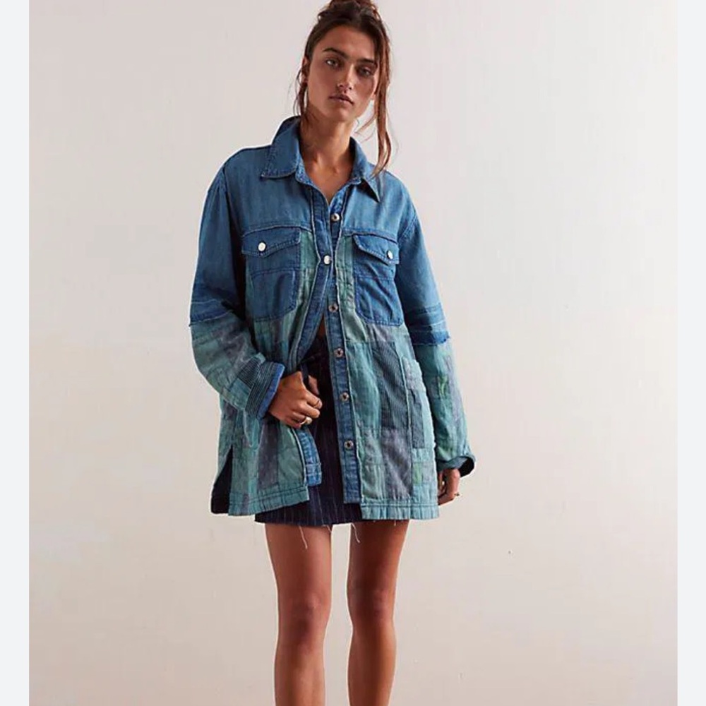 FREE PEOPLE We The Free Heritage Denim Patchwork Quilted Shirt Jacket Shacket - Picture 2 of 8